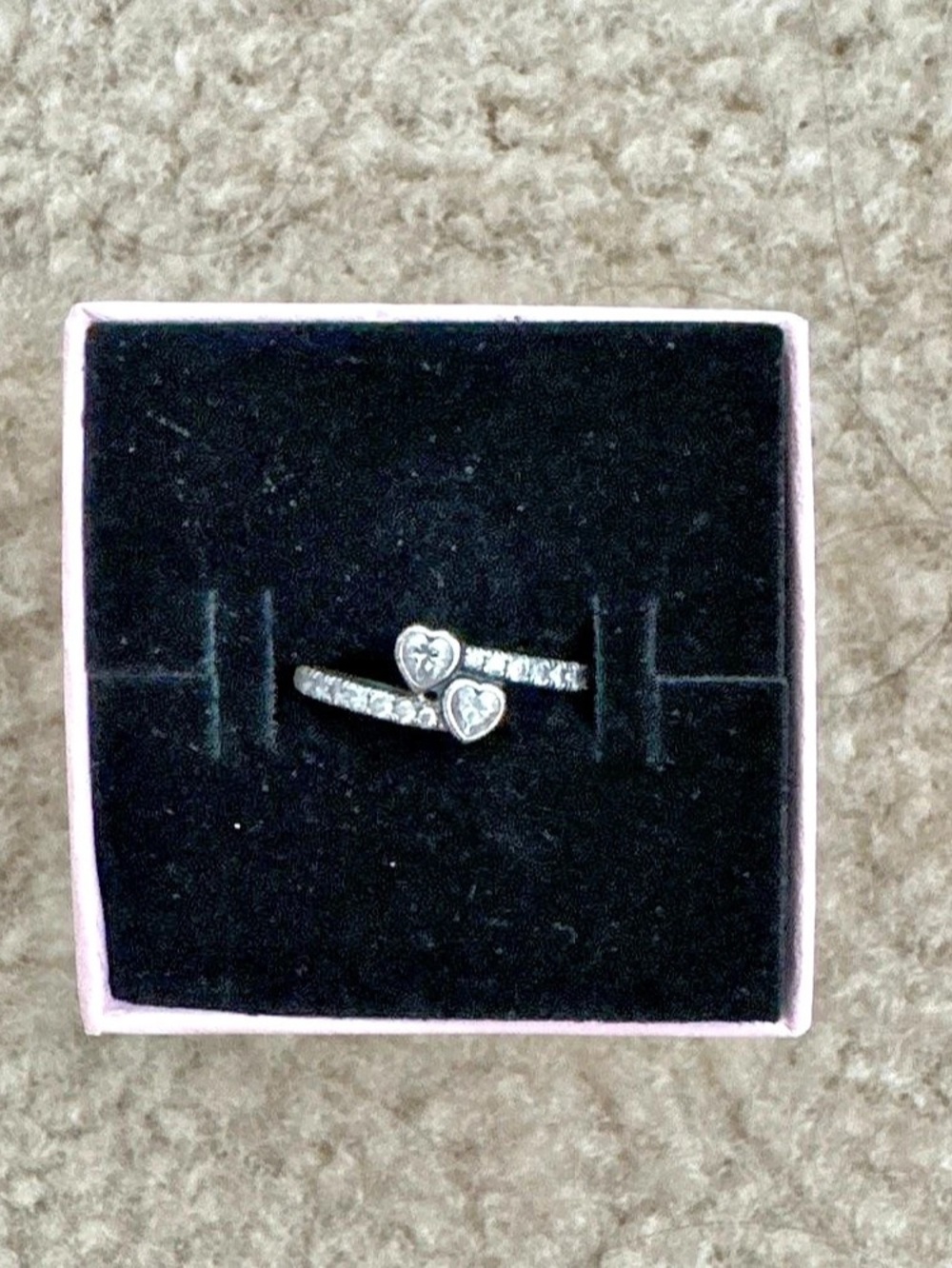 Pandora Double Heart Sparkling Ring Heart Ring in Silver Like New